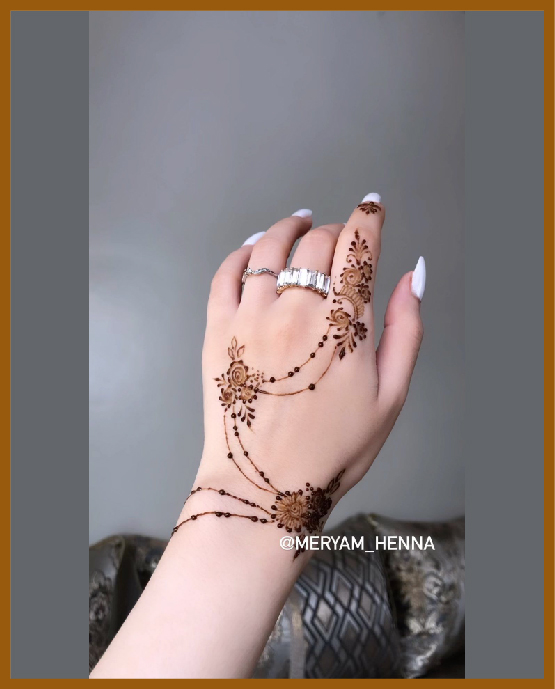 Floral chain khafif back hand mehndi design layout