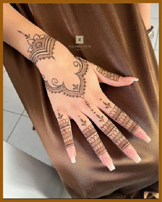 Khafif back hand mehndi with bracelet-style band