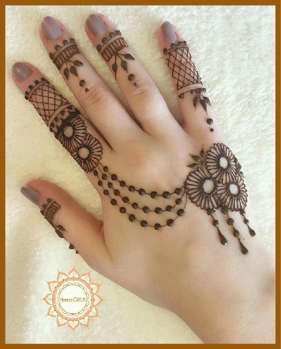 Curvy floral net chain in simple back hand mehndi Curvy floral net chain in simple back hand mehndi