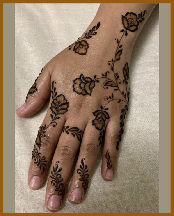 Detailed rose chain in simple back hand mehndi Detailed rose chain in simple back hand mehndi