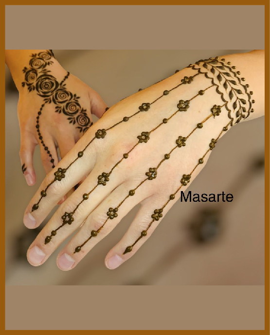 Minimal chain of flowers design for simple back hand mehndi Minimal chain of flowers design for simple back hand mehndi