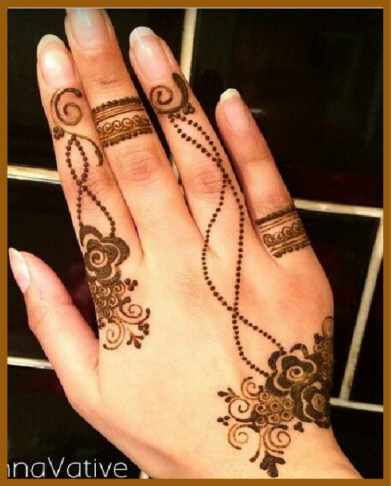 Simple back hand mehndi with tiny curvy dotted net Simple back hand mehndi with tiny curvy dotted net