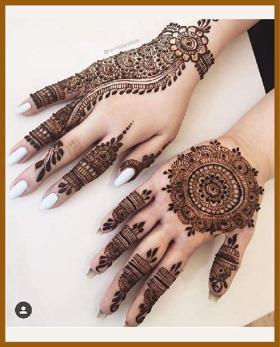 Fashionable stylish back hand mehndi with circular mandala and flowers Fashionable stylish back hand mehndi with circular mandala and flowers