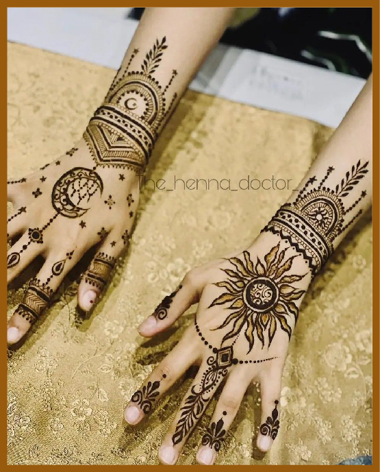 Stylish back hand circle mehndi design with fine dots Stylish back hand circle mehndi design with fine dots