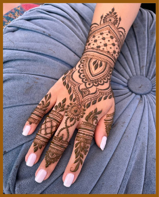 Stylish back hand mehndi rose art with finger details Stylish back hand mehndi rose art with finger details