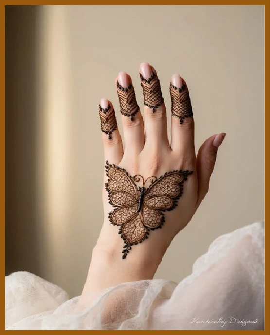 Aesthetic back hand mehndi with butterfly motif Aesthetic back hand mehndi with butterfly motif