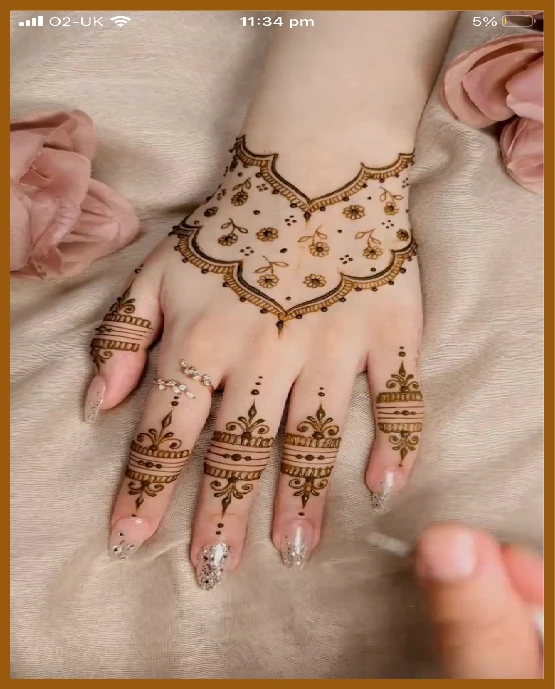 Aesthetic back hand mehndi with diagonal motifs Aesthetic back hand mehndi with diagonal motifs