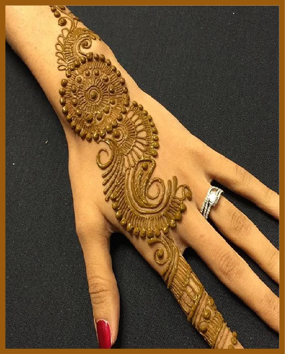 Aesthetic back hand mehndi with leaf stroke curves Aesthetic back hand mehndi with leaf stroke curves