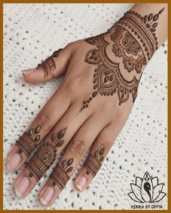 Finger to wrist mehndi in aesthetic back hand design Finger to wrist mehndi in aesthetic back hand design