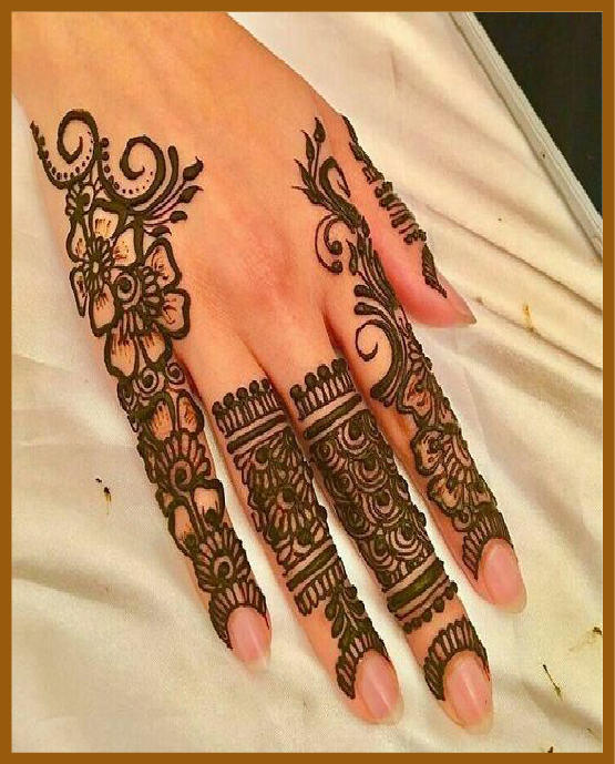 Finger to wrist mehndi in aesthetic back hand style Finger to wrist mehndi in aesthetic back hand style