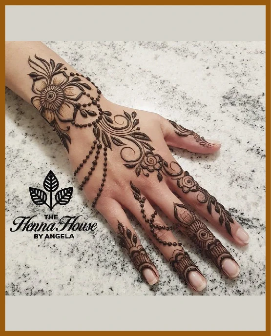 Chain and dot fusion in modern back hand mehndi design Chain and dot fusion in modern back hand mehndi design