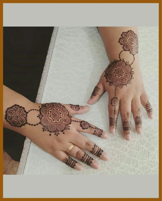 Circular back net bunches in modern back hand mehndi design Circular back net bunches in modern back hand mehndi design