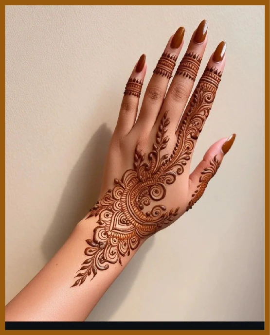 Clustered loops and lines in modern back hand mehndi design Clustered loops and lines in modern back hand mehndi design