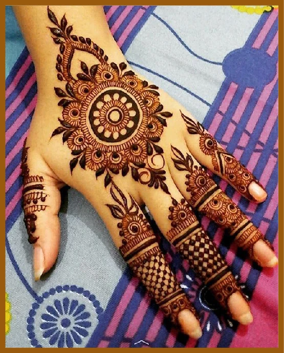 Mandala chain center in modern back hand mehndi design Mandala chain center in modern back hand mehndi design