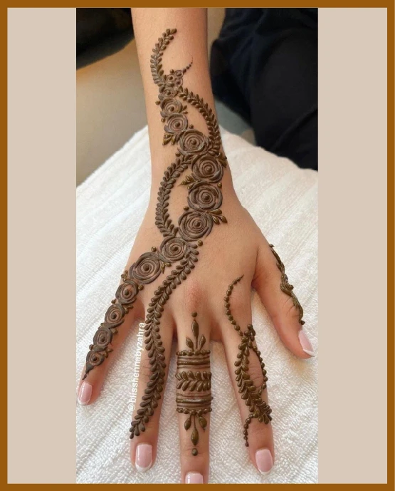 Modern back hand mehndi design using spiral chain Modern back hand mehndi design using spiral chain