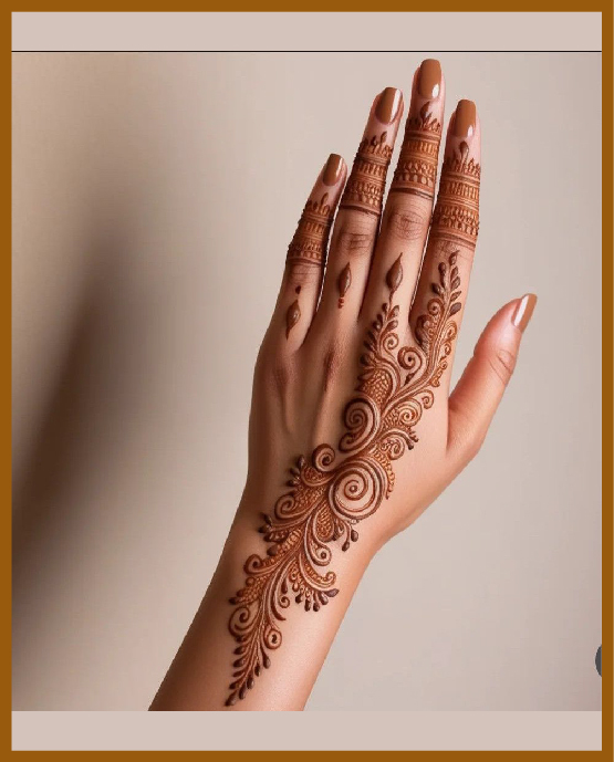 Modern back hand mehndi design with curved pattern Modern back hand mehndi design with curved pattern