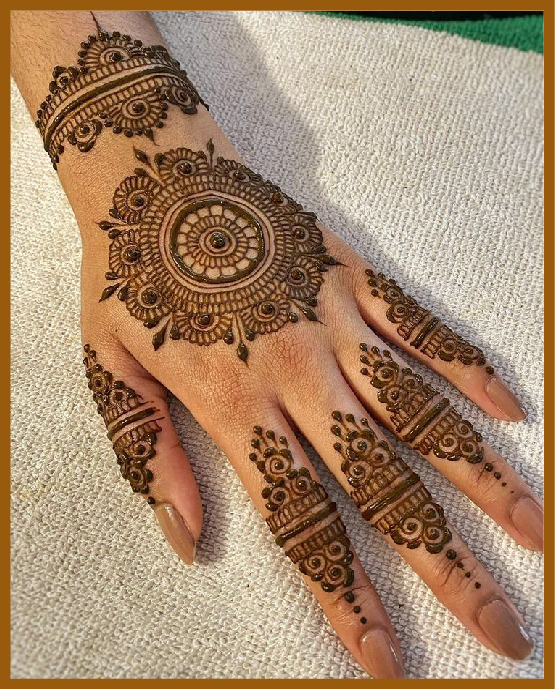 Patterned mandala block in modern back hand mehndi design Patterned mandala block in modern back hand mehndi design