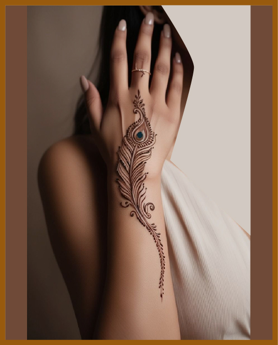 Peacock spiral curves in modern back hand mehndi design Peacock spiral curves in modern back hand mehndi design
