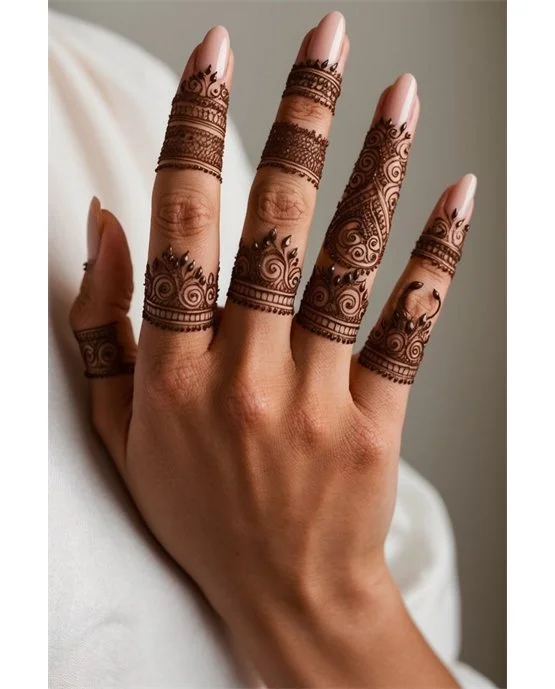 Diamond Tendril Flow Blending Into Ring Finger Mehndi Design