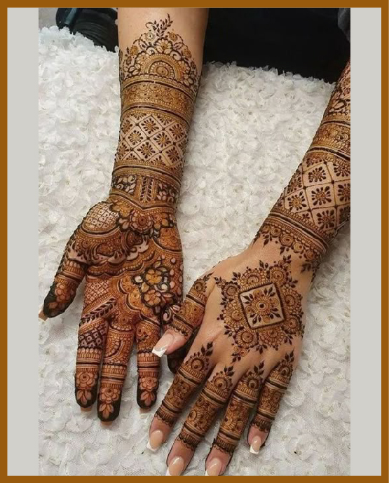 Cultural motifs filled royal front hand mehndi design Cultural motifs filled royal front hand mehndi design