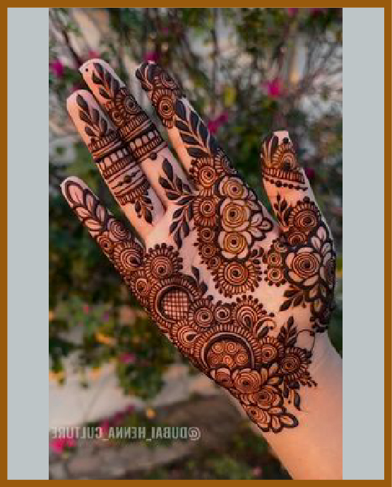 Royal front hand mehndi design filled with netted floral arcs Royal front hand mehndi design filled with netted floral arcs