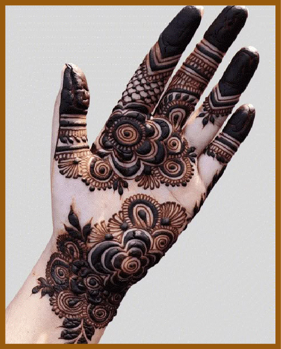 Royal front hand mehndi design showcasing bold leaf trails Royal front hand mehndi design showcasing bold leaf trails