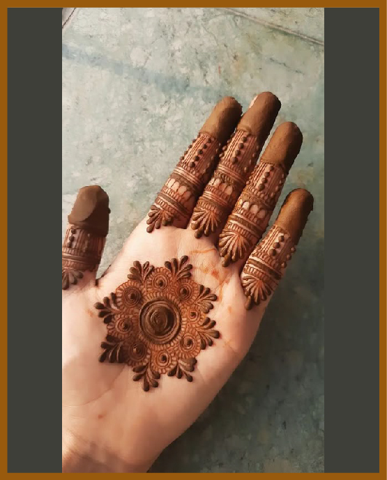 Mandala centerpiece with finger vines in simple front hand mehndi design Mandala centerpiece with finger vines in simple front hand mehndi design