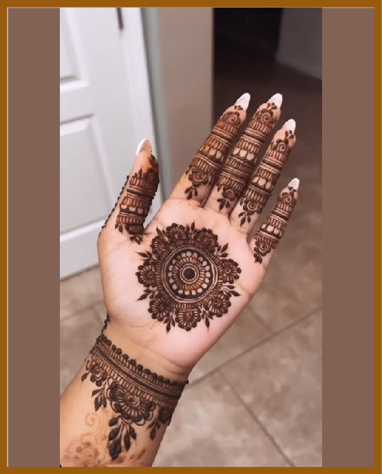 Mandala ring in the center of simple front hand mehndi design Mandala ring in the center of simple front hand mehndi design