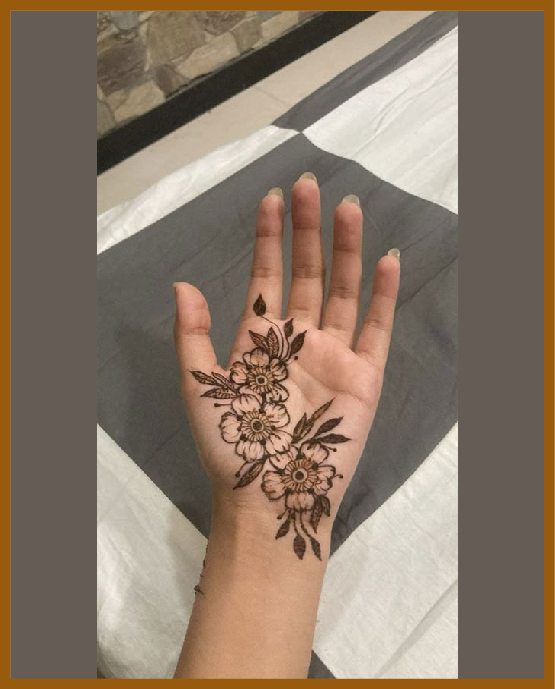 Open-palm floral layout in simple front hand mehndi design Open-palm floral layout in simple front hand mehndi design