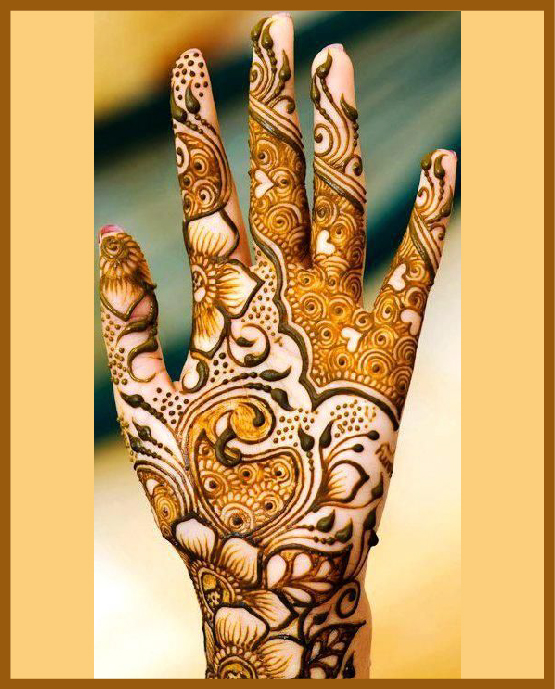 Backdrop of lines and petals in stylish front hand mehndi design Backdrop of lines and petals in stylish front hand mehndi design