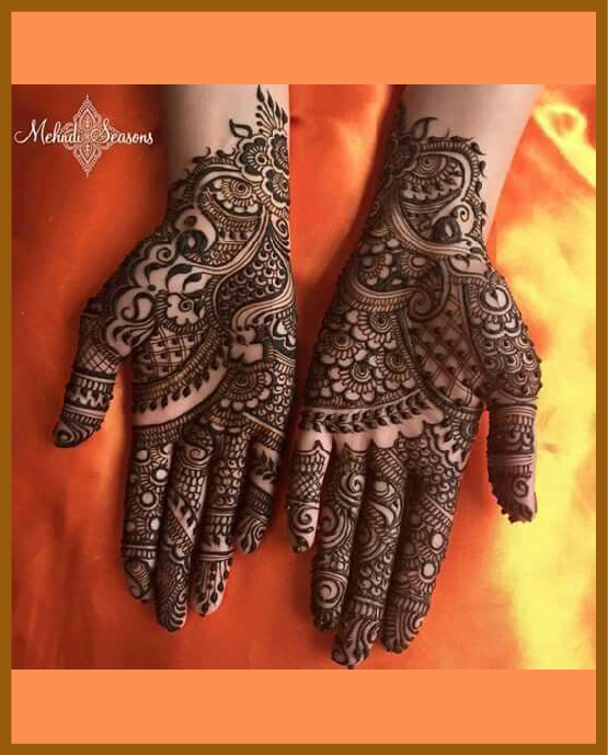 Petal chain detailing in stylish front hand mehndi design Petal chain detailing in stylish front hand mehndi design