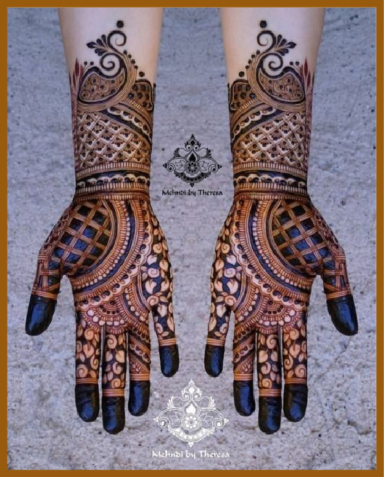 Stylish front hand mehndi design with full-finger and wrist floral vines Stylish front hand mehndi design with full-finger and wrist floral vines