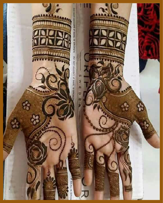 Stylish front hand mehndi design with net and chain patterns Stylish front hand mehndi design with net and chain patterns